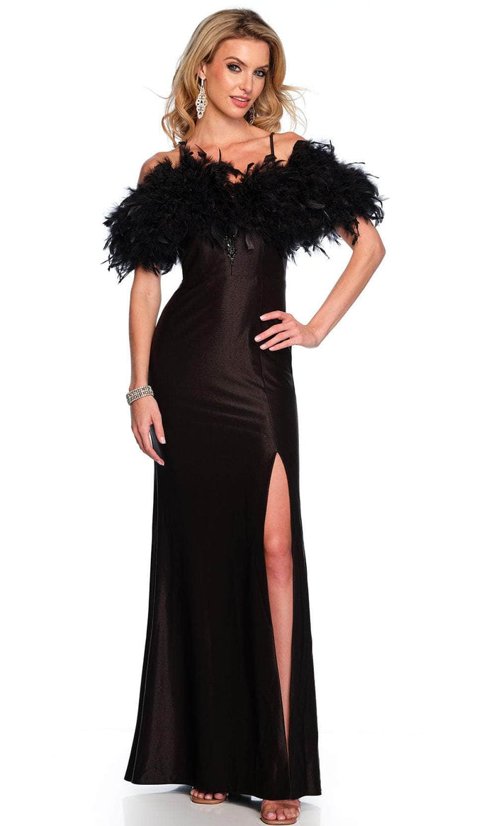 Dave & Johnny 11436 - Cold Shoulder Feather Detailed Prom Gown Special Occasion Dress 00 / Black