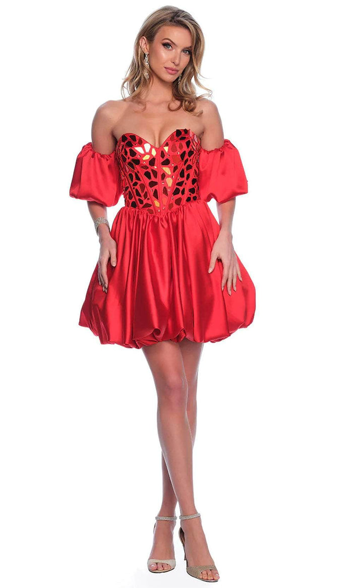 Dave & Johnny 11817 - Embellished Balloon Skirt Cocktail Dress Homecoming Dresses 00 / Red