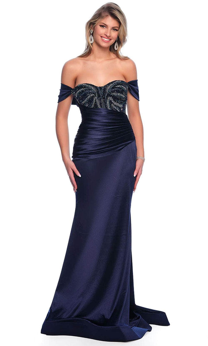 Dave & Johnny 11849 - Ruched Detail Off Shoulder Formal Dress Special Occasion Dress 00 / Navy Blue