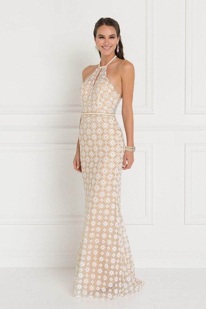 Elizabeth K GL1548 - Halter Floral Beaded Evening Dress Evening Dresses S / Champagne