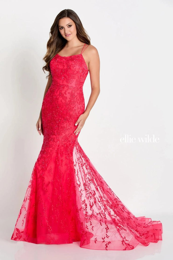 Ellie Wilde EW122032 - Embroidered Lace Prom Gown Prom Dresses 00 / Strawberry