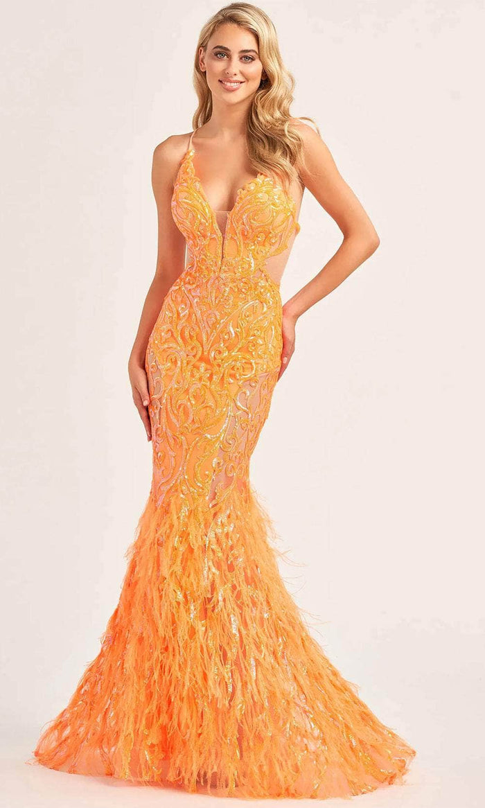 Ellie Wilde EW35006 - Feather Sequin Evening Dress Evening Dresses 00 / Orange