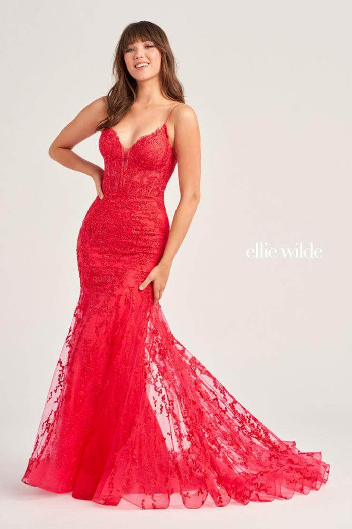 Ellie Wilde EW35010 - Embellished Lace Trumpet Prom Dress Prom Dresses 00 / Red