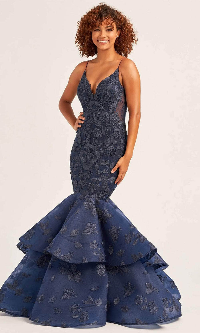 Ellie Wilde EW35092 - V-Neck Mermaid Evening Dress Prom Dresses 00 / Navy Blue