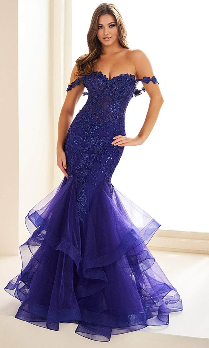 Ellie Wilde EW36047 - Ruffled Skirt Appliqued Sweetheart Prom Gown Pageant Dresses 00 / Indigo