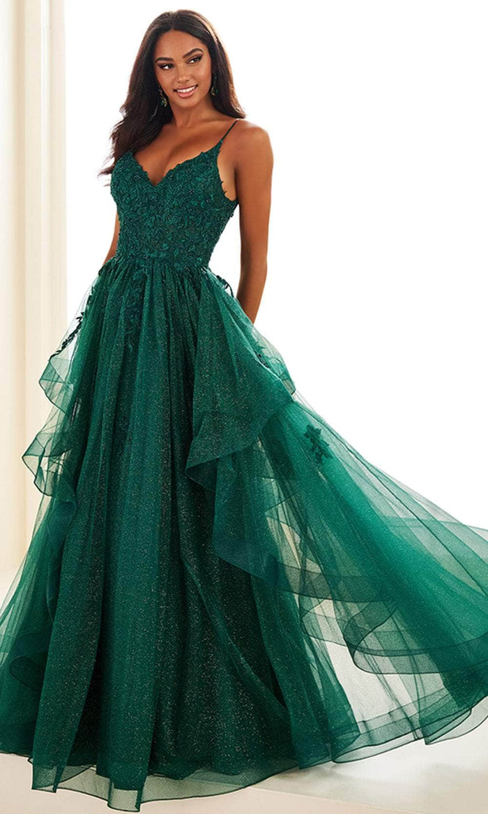 Ellie Wilde EW36085 - Deep V-Neck Ruffle Accent Prom Gown Prom Dresses 00 / Emerald