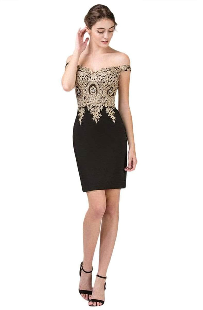 Eureka Fashion - 6032 Off-Shoulder Embroidered Cocktail Dress Homecoming Dresses S / Black/Gold