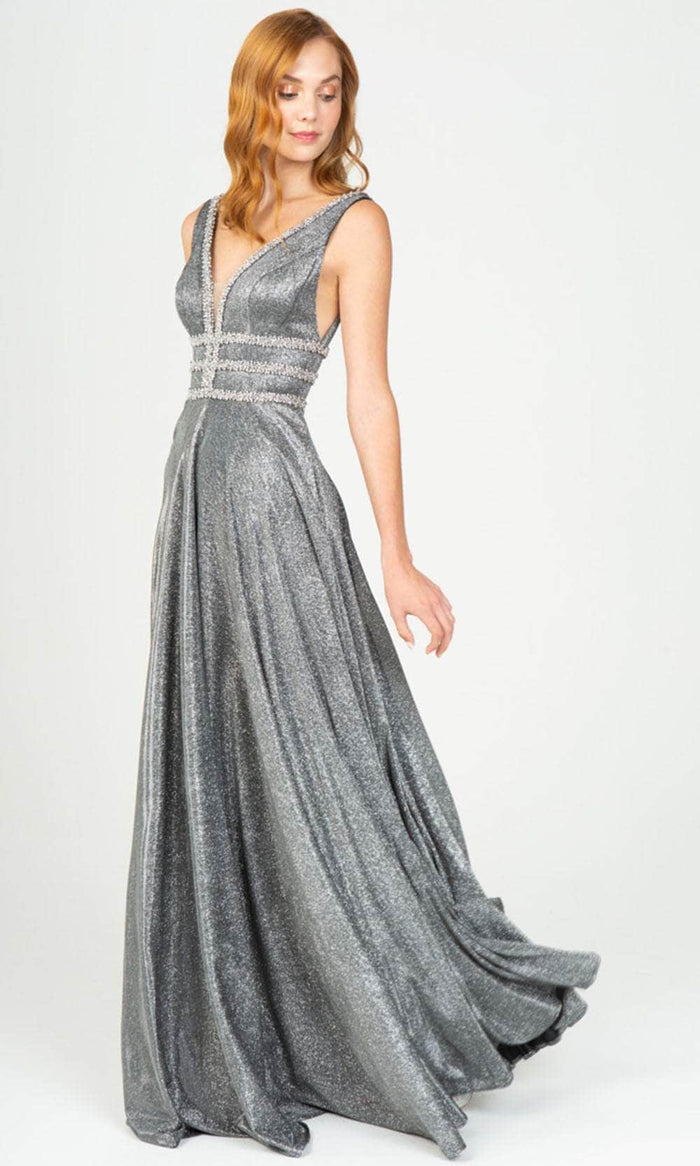 Eureka Fashion 8606 - Plunging V-Neck Shimmer Prom Gown Prom Dresses XS / Charcoal