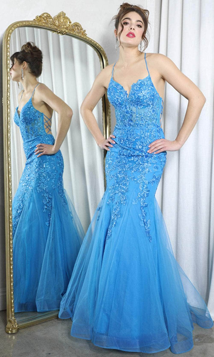 Eureka Fashion 9696 - Floral Sequin Mermaid Prom Gown Prom Dresses XS / Blue