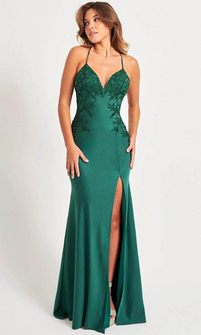 Faviana 11070 - Lace Up Back Satin Prom Gown Prom Dresses 00 / Evergreen