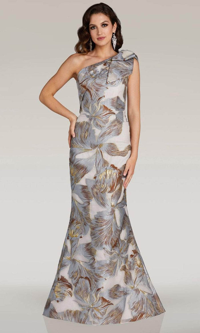 Feriani Couture 18359 - Floral Print One Shoulder Evening Gown Evening Dresses 2 / Silver