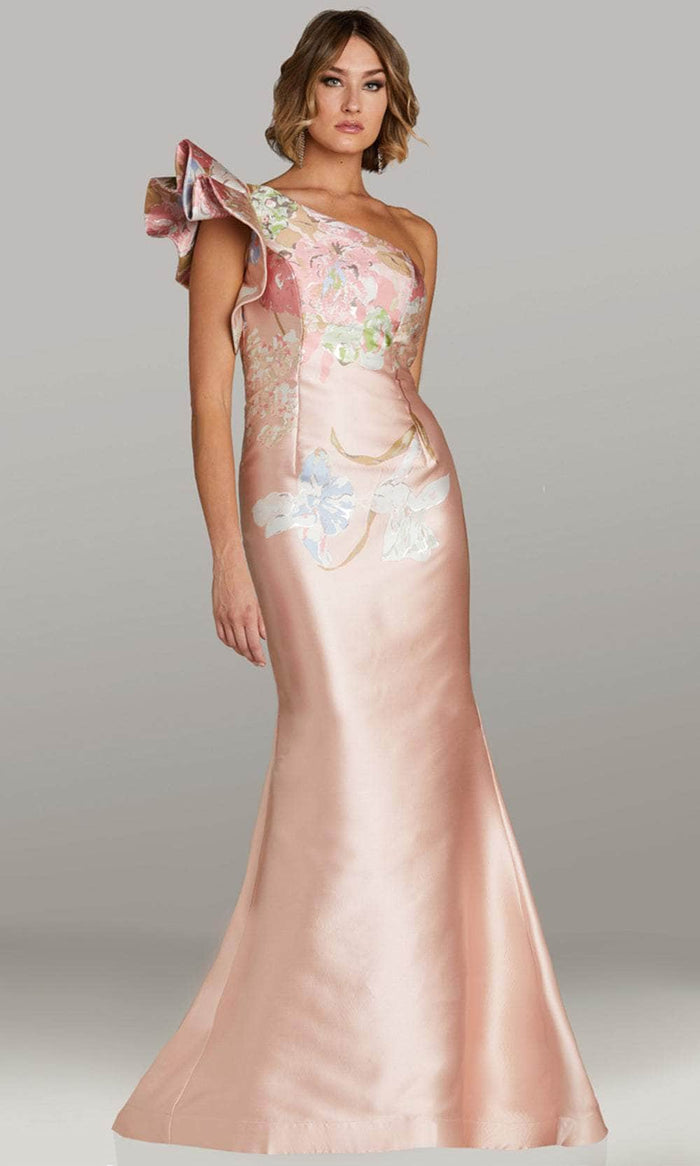 Feriani Couture 18405 - Floral Print One Shoulder Evening Gown Prom Dresses 6 / Rose