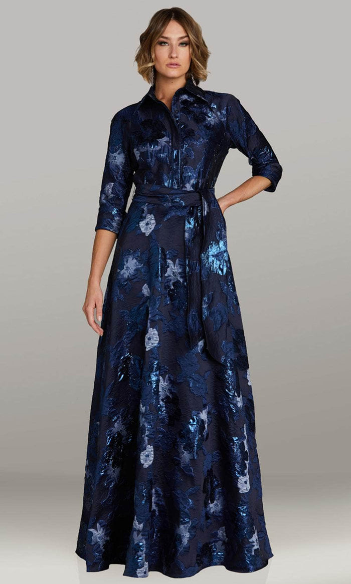 Feriani Couture 18437 - Collared V-Neck Jacquard Evening Gown Mother of the Bride Dresses 6 / Navy