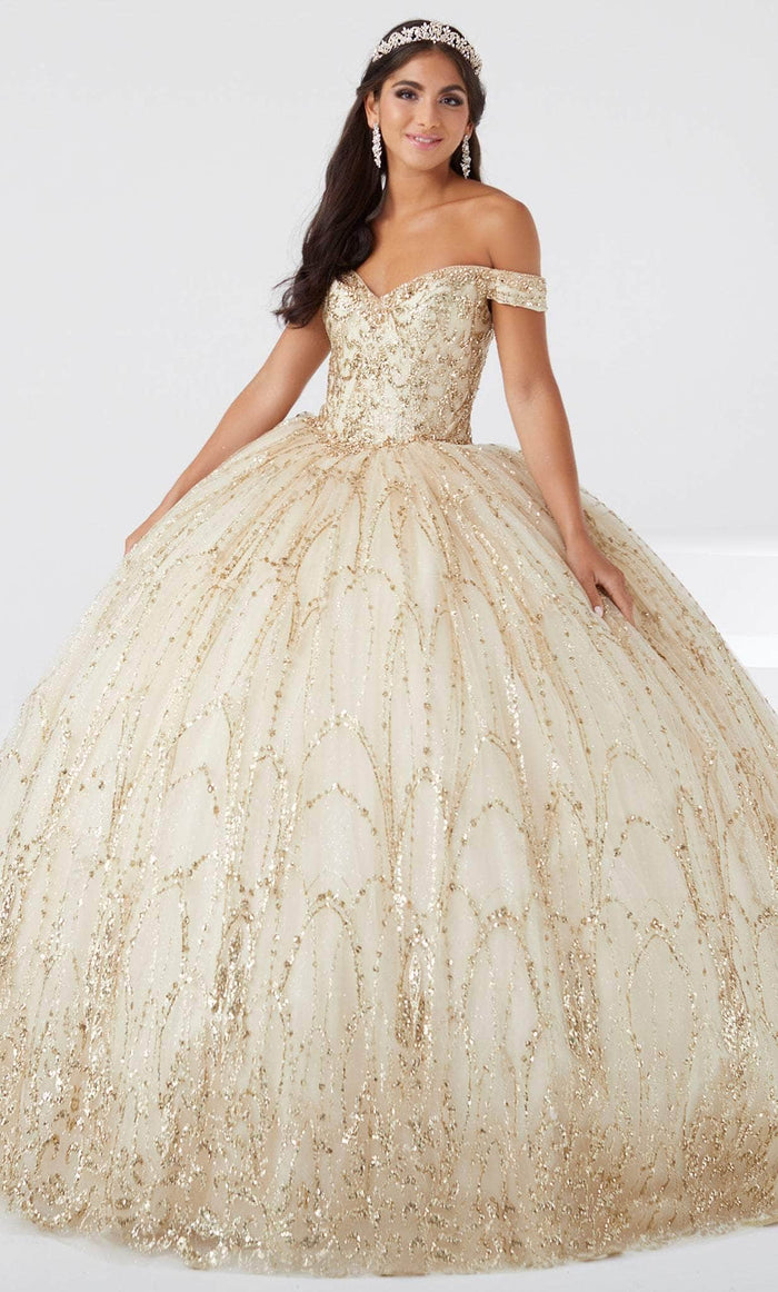 Fiesta Gowns 56463 - Arched Detail Glittered Ball Gown Quinceanera Dresses 0 / Champagne/Gold