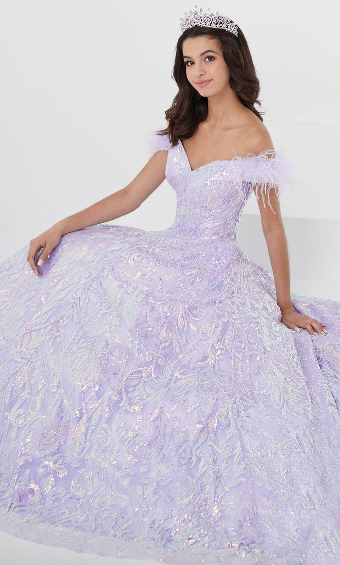 Fiesta Gowns 56464 - Feathered Off Shoulder Ball Gown Ball Gowns 0 / Lilac Multi