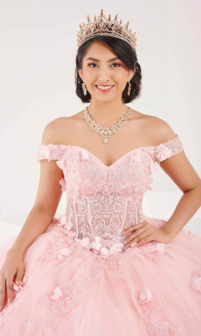 Fiesta Gowns 56496 - Embroidered Corset Off-Shoulder Ballgown Ball Gowns 0 / Blush