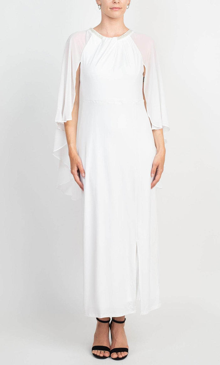 Glamour GRN731L - Cape Sleeve Beaded Neckline Long Dress Mother of the Bride Dresses 10 / White