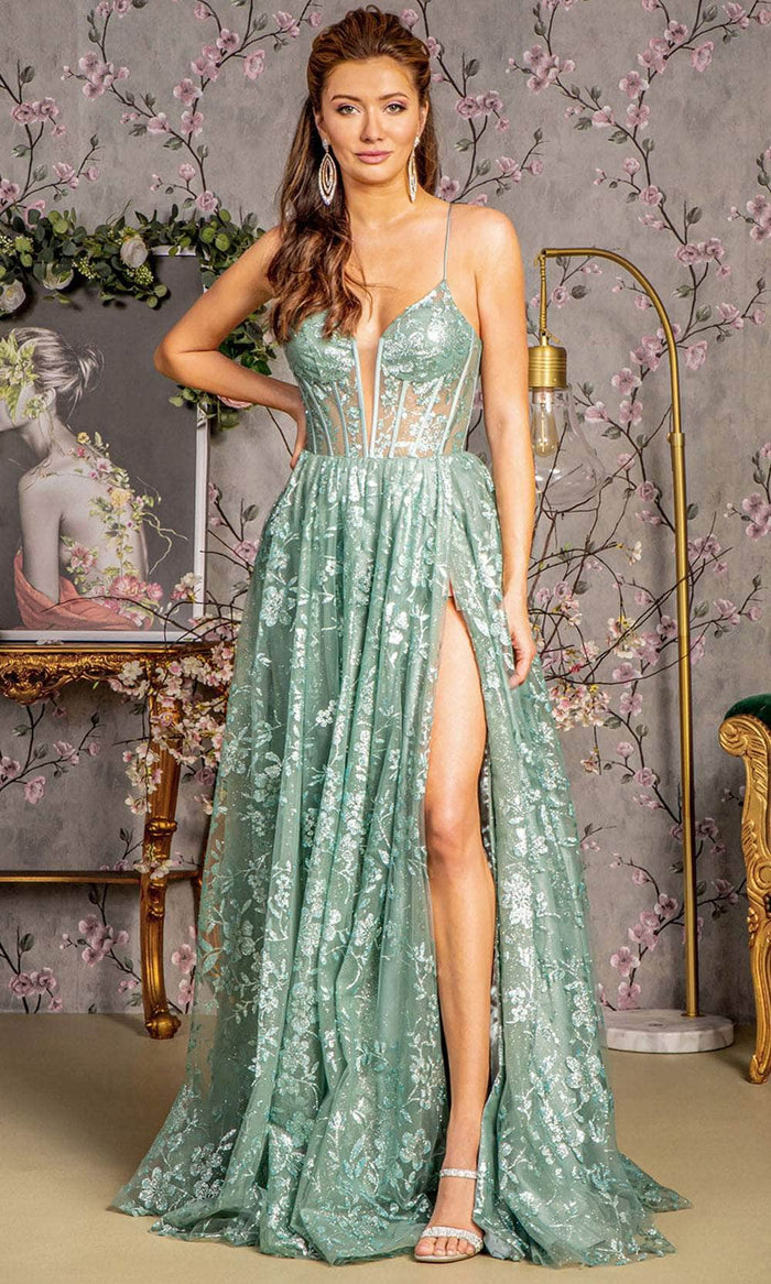 GLS by Gloria GL3254 - Sheer Corset A-Line Prom Gown Prom Dresses XS / Dark Sage