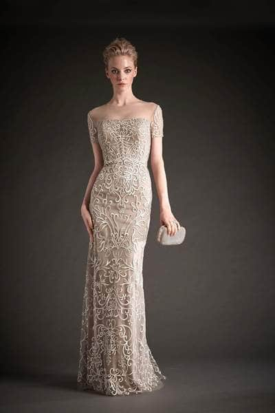 Hynes Park - Illusion Short Sleeve Scroll Embroidered Gown M106 - 1 pc Silver/Nude In Size 12 Available CCSALE 12 / Silver/Nude