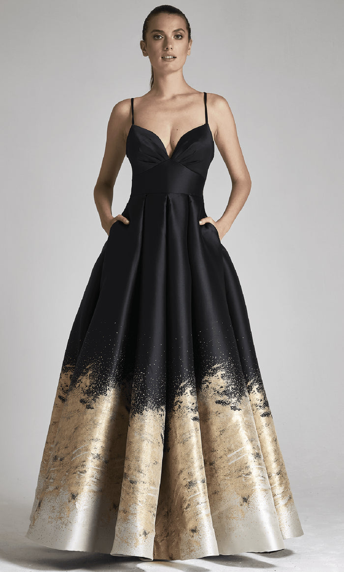 Hynes Park M0038 - Metallic Brocade Lace-Up Prom Gown Evening Dresses 2 / Black/Gold