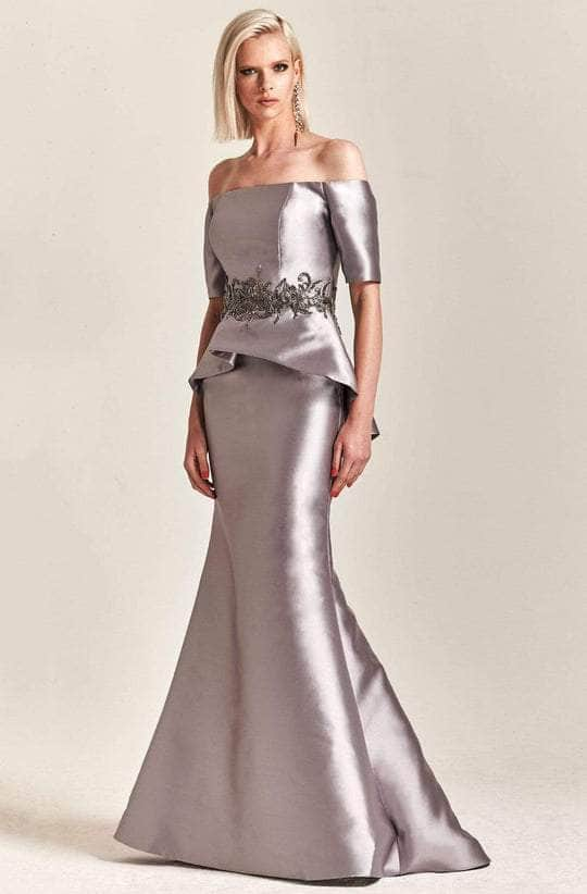 Hynes Park - M202 Off-shoulder Straight Across Neck Mermaid Gown CCSALE 6 / Pewter