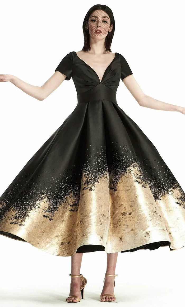 Hynes Park M443 - Deep V-Neck Pleated Prom Dress Prom Dresses 2 / Black/Gold