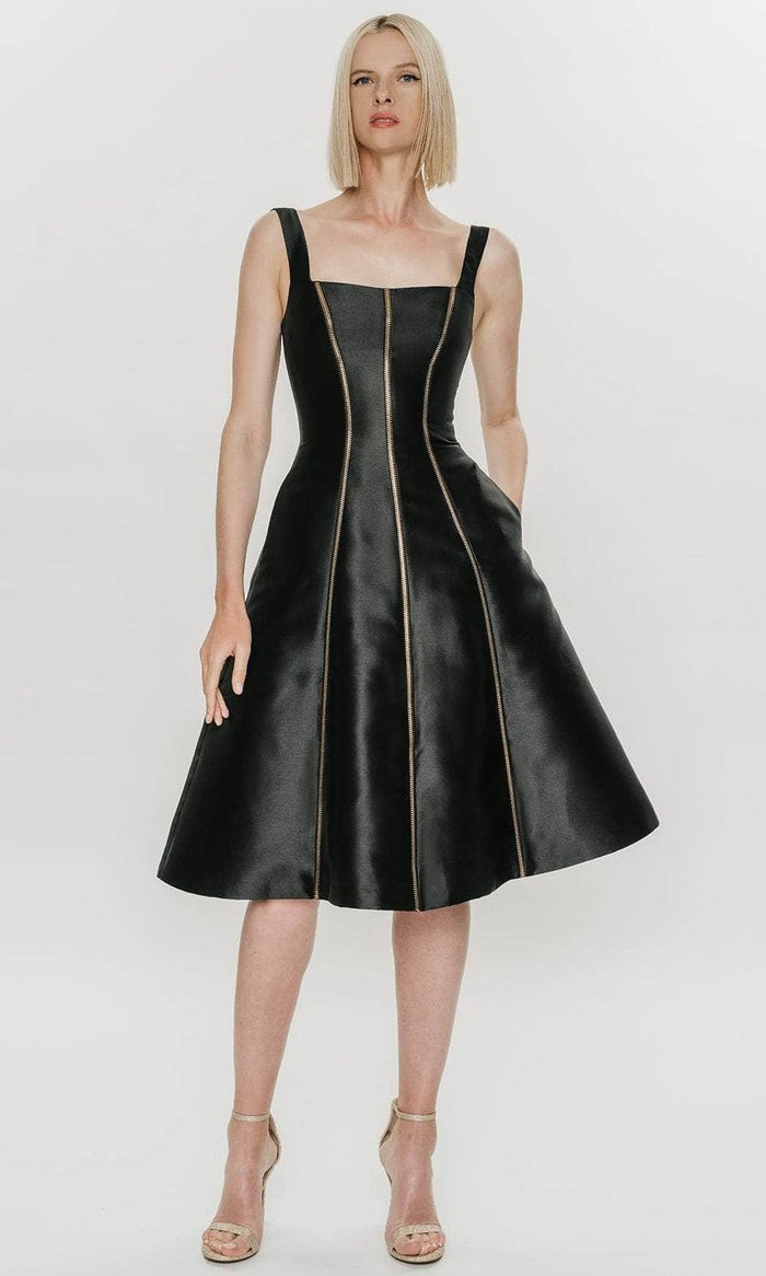 Hynes Park M589 - Mikado Tea-Length A-Line Dress with Zippers Cocktail Dresses 4 / Black