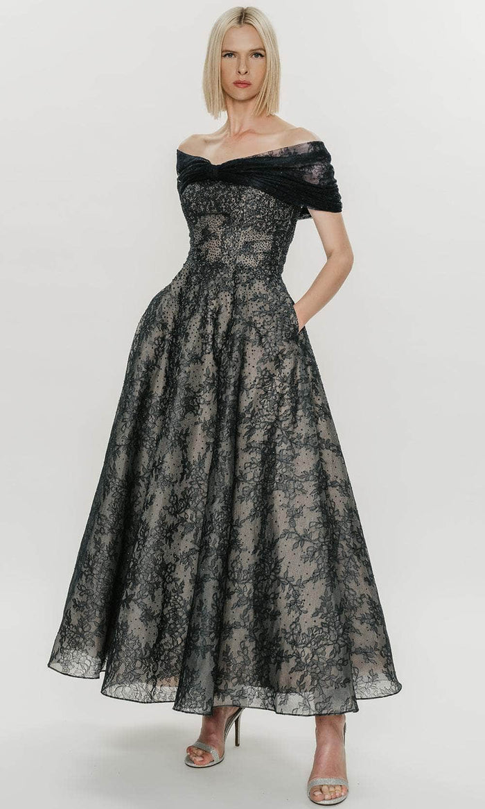 Hynes Park M595 - Strapless Beaded Lace Gown with Shawl Formal Gowns 4 / Navy