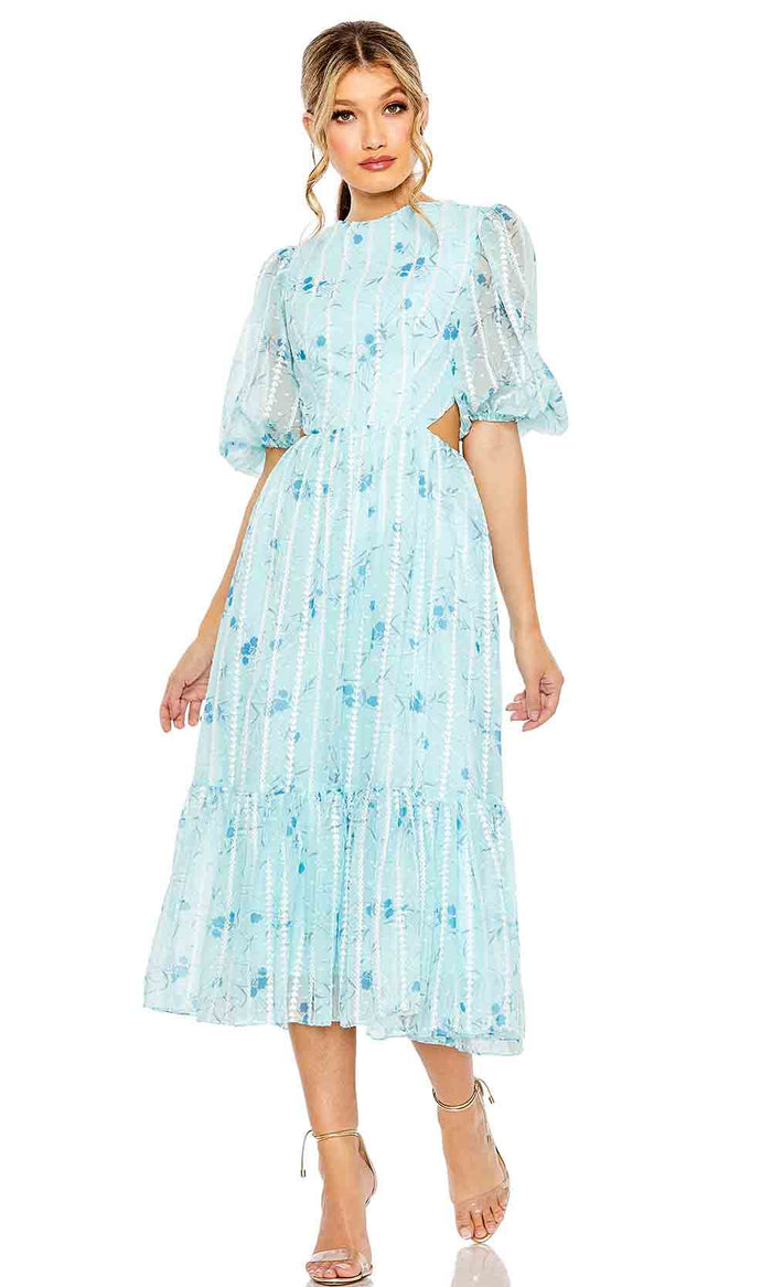 Ieena Duggal 49602 - Lace Up Puff Sleeve Floral Dress Cocktail Dresses 2 / Blue Floral