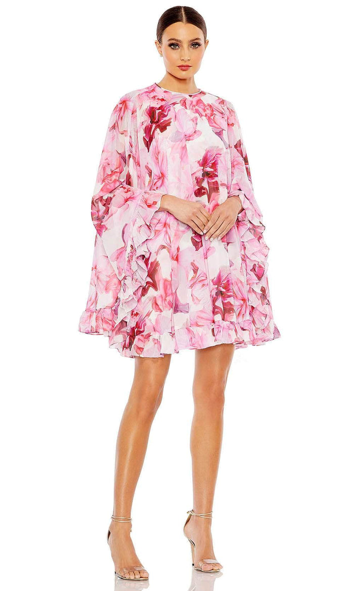 Ieena Duggal 56027 - Cape Sleeve Floral Printed Cocktail Dress Cocktail Dresses 0 / Pink Multi