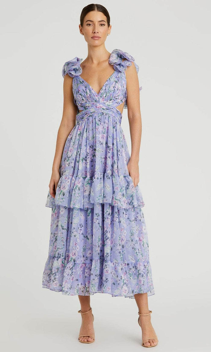 Ieena Duggal 56049 - Ruffled Sleeves Floral Printed Tea-Length Dress Evening Dresses 0 / Lilac Multi