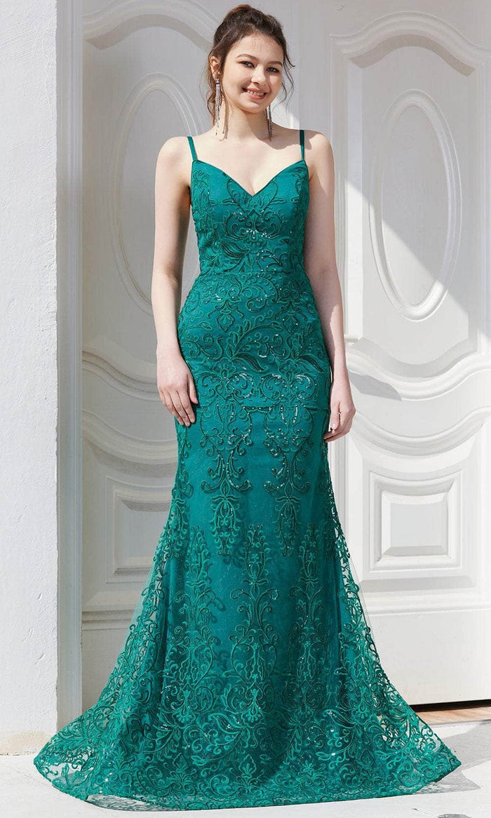 J'Adore Dresses J21026 - Embroidered V-Neck Formal Gown Evening Dresses 8 / Emerald