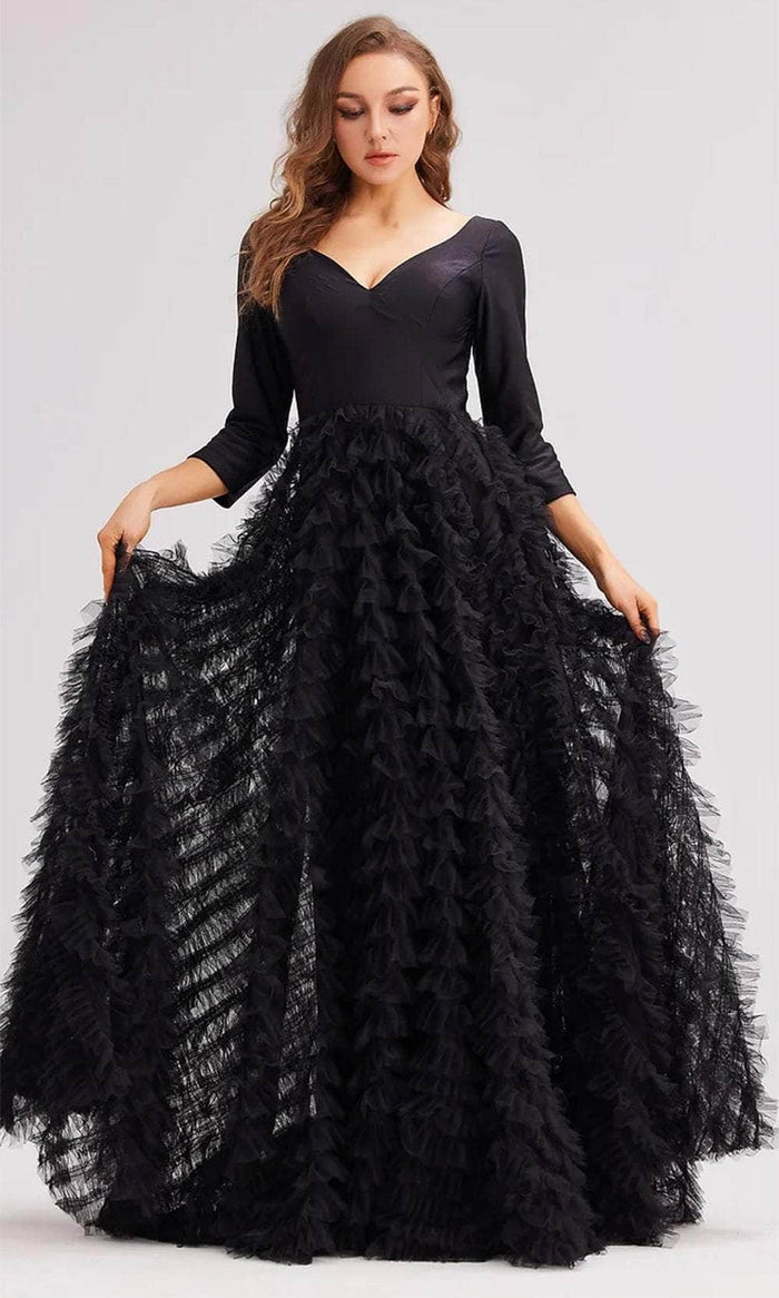 J'Adore Dresses J23012 - Quarter Sleeve Ruffled Skirt Prom Gown Prom Dresses 2 / Black