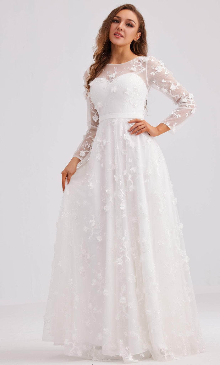 J'Adore Dresses J23034 - Long Sleeve Applique Evening Dress Special Occasion Dress 2 / Ivory