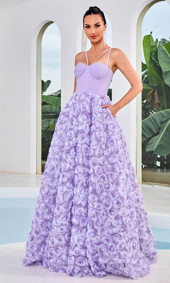 J'Adore Dresses J24027 - Bustier Floral Prom Dress Prom Dresses 2 / Lavender