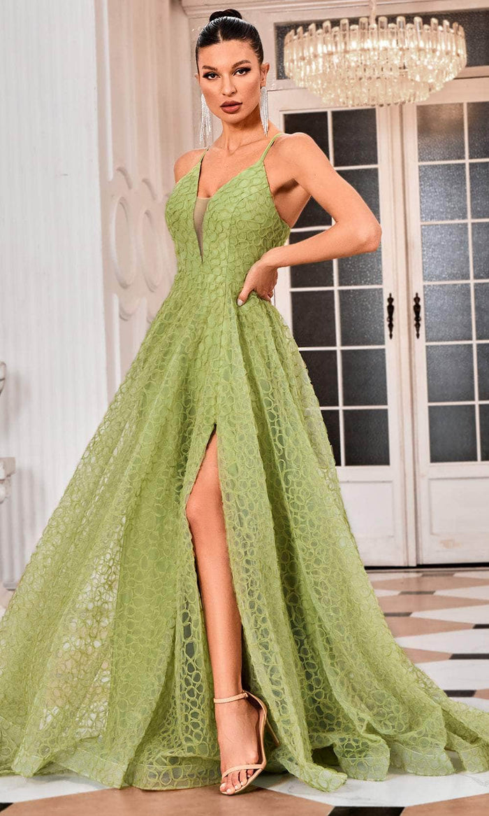 J'Adore Dresses J24038 - Plunging V-Neck Embroidered Evening Gown Evening Dresses 2 / Light Green