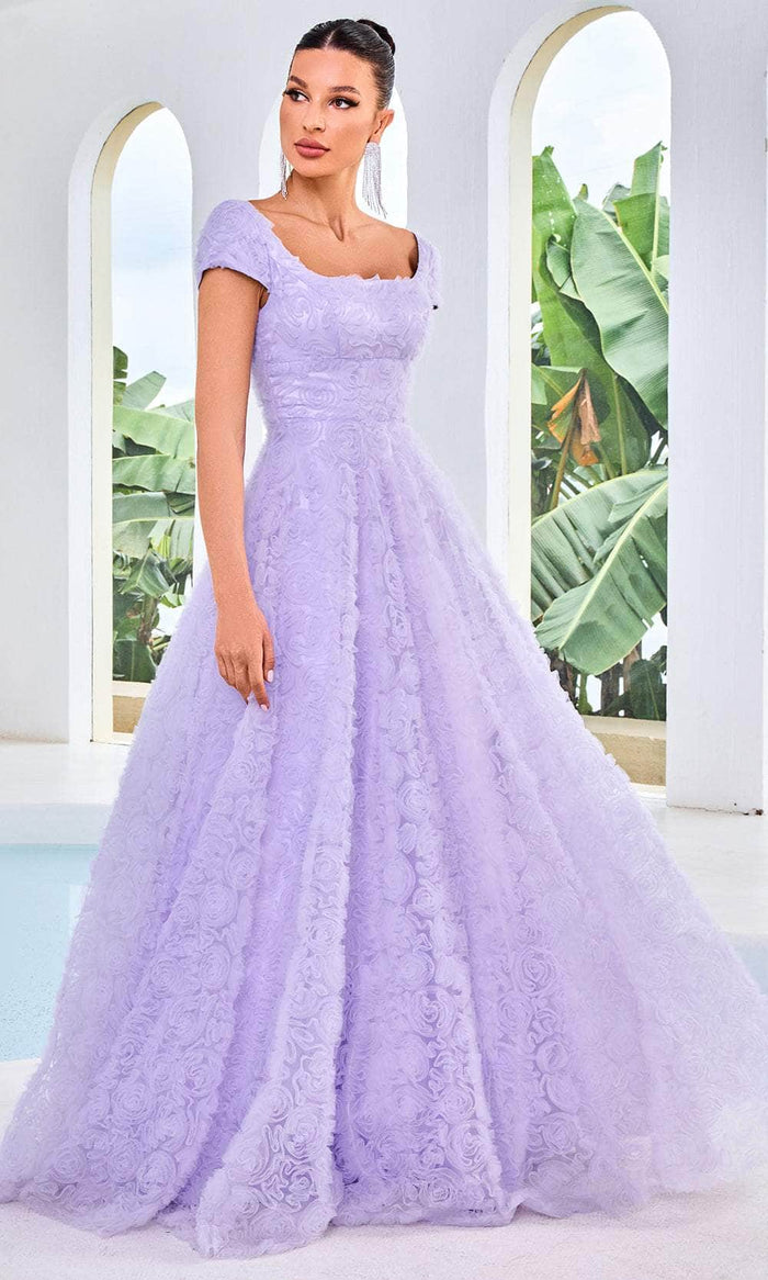 J'Adore Dresses J24044 - Square Rosette Ruffles Evening Gown Evening Dresses 2 / Lavender