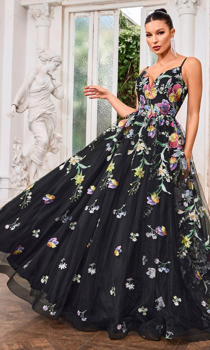 J'Adore Dresses J24046 - Floral Deep V-Neck Evening Gown Evening Dresses 2 / Black/Multi