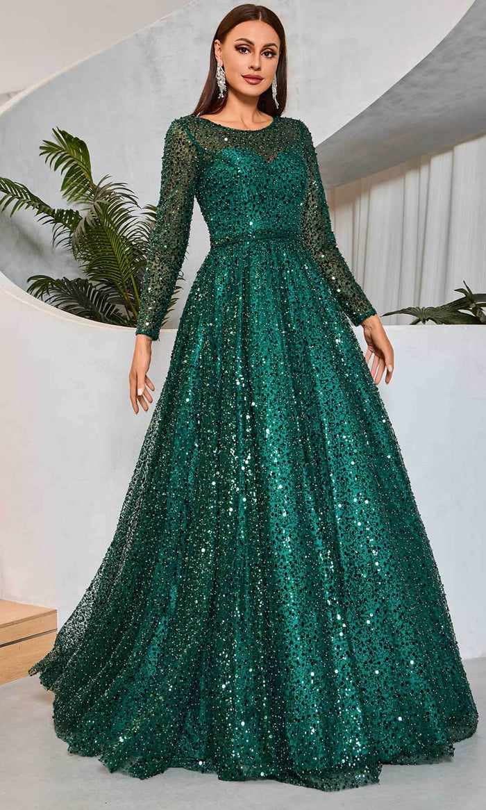 J'Adore Dresses J25005 - Sequined Illusion Scoop Evening Dress Mother Of The Bride Dresses 2 / Emerald