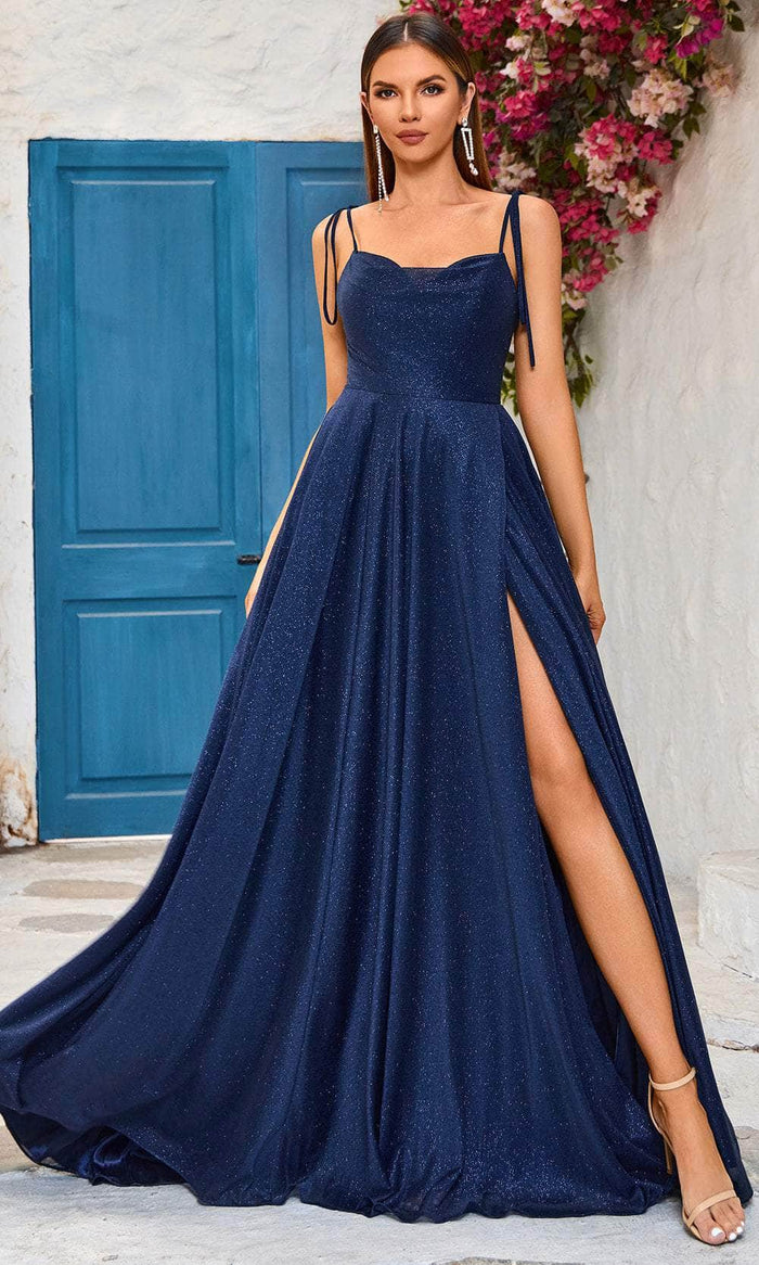 J'Adore Dresses J25009 - Cowl Neck Glitter Evening Dress Prom Dresses 2 / Navy