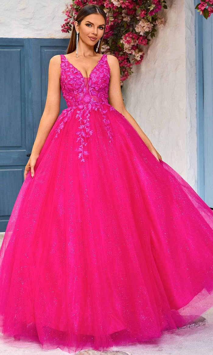 J'Adore Dresses J25028 - Embroidered Sheer Sleeveless Ballgown Prom Dresses 2 / Hot Pink