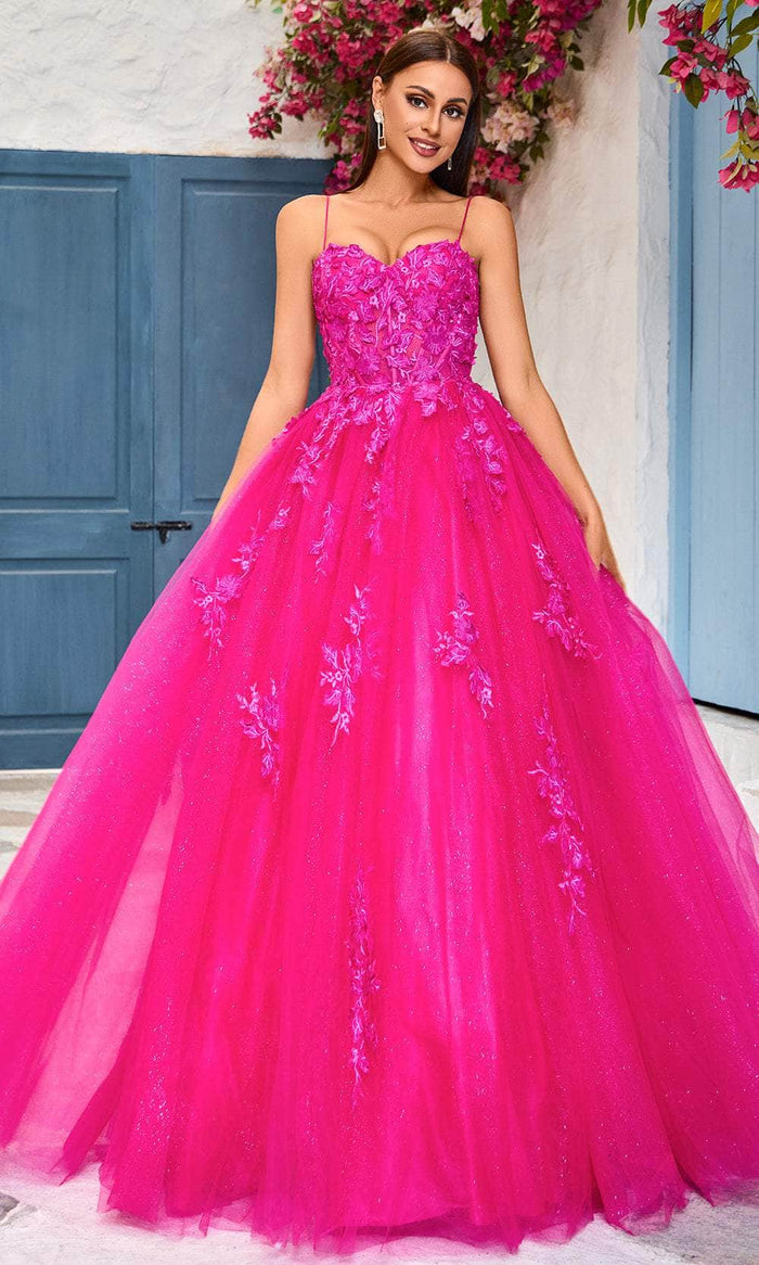 J'Adore Dresses J25029 - Lace-Up Back Sleeveless Ballgown Prom Dresses 2 / Hot Pink