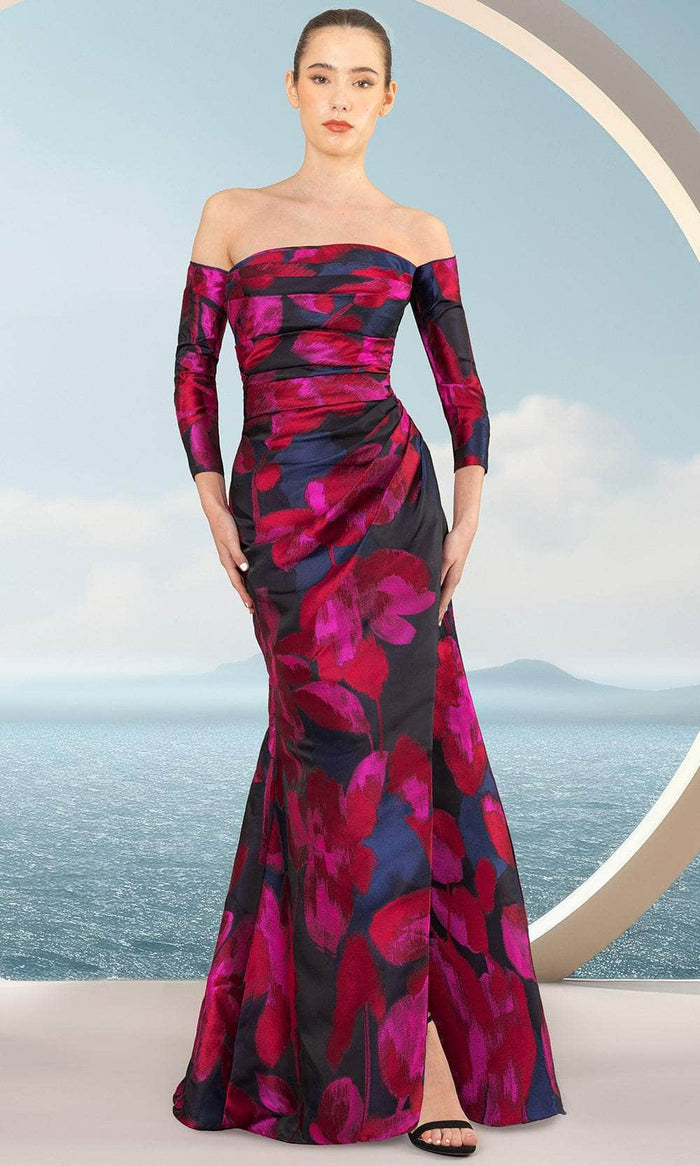 Janique 2513 - Floral Pleated Evening Dress Evening Dresses 0 / Navy/Magenta