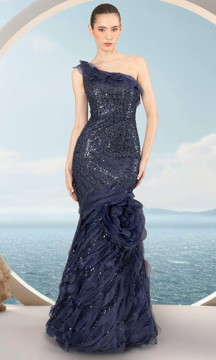 Janique 3509 - Rosette Ornate Evening Dress Prom Dresses 0 / Navy