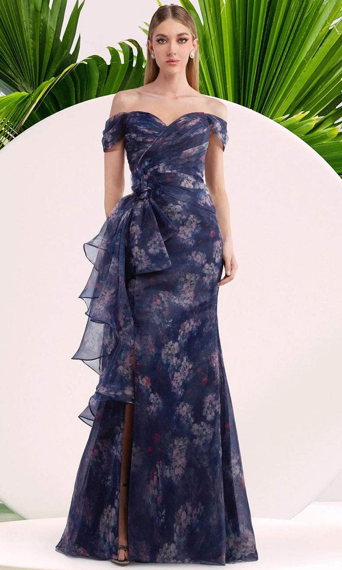 Janique W3017 - Off-Shoulder Floral Print Prom Gown Prom Dresses 16 / Navy Print