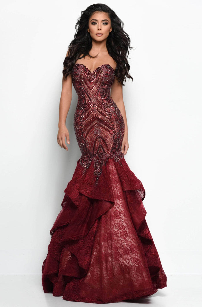 Jasz Couture 7046 - Embellished Strapless Prom Gown Evening Dresses 0 / Wine