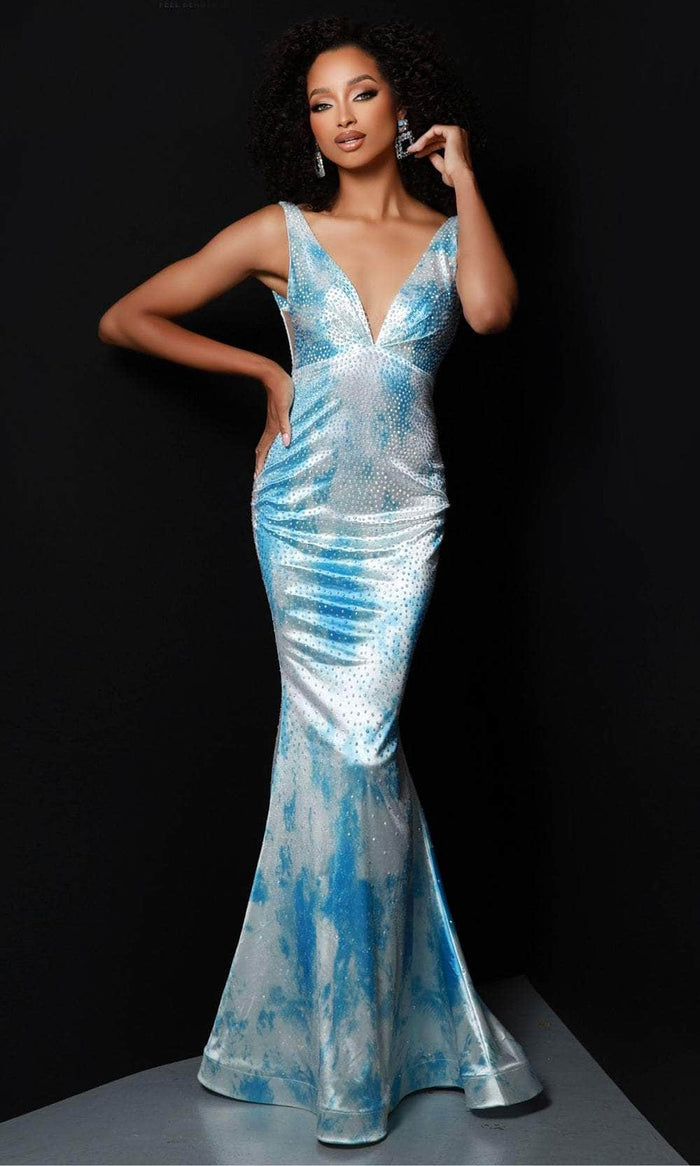Johnathan Kayne 2831 - Printed V-Neck Mermaid Prom Dress Prom Dresses 00 / Blue Sky