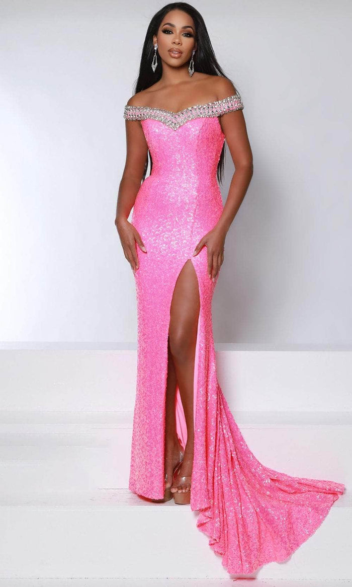 Johnathan Kayne 2942 - Sequin Off Shoulder Evening Gown Evening Dresses 00 / Neon Pink