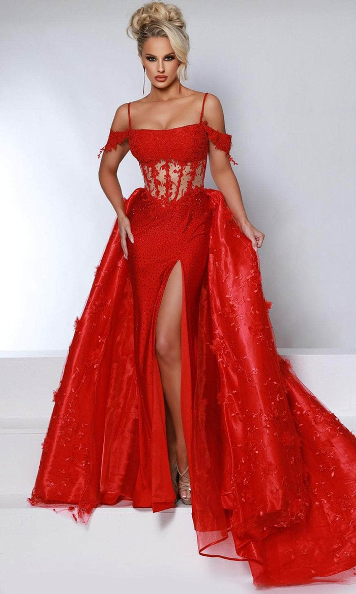 Johnathan Kayne 2965 - Embroidered Illusion Midriff Evening Gown Evening Dresses 00 / Red