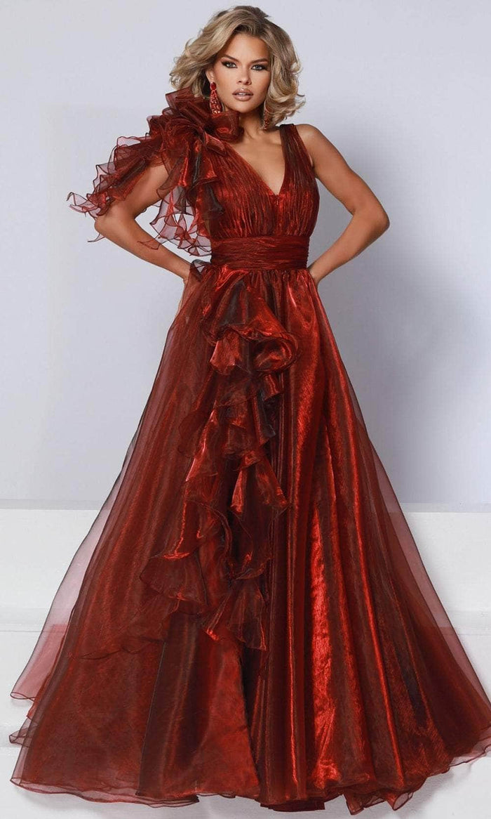 Johnathan Kayne 3014 - V-Neck Ruched Detailed Prom Gown Special Occasion Dress